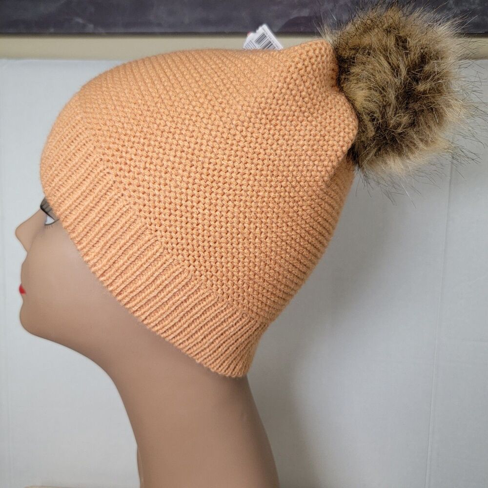 Gertex Light Brown Knit Beanie w/ Faux Fur Pom Pom - One Size NWT